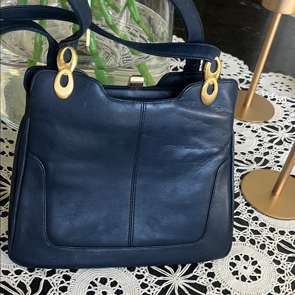 EUC vintage Lou Taylor blue leather gold hardware w/hinged mirror satchel bag